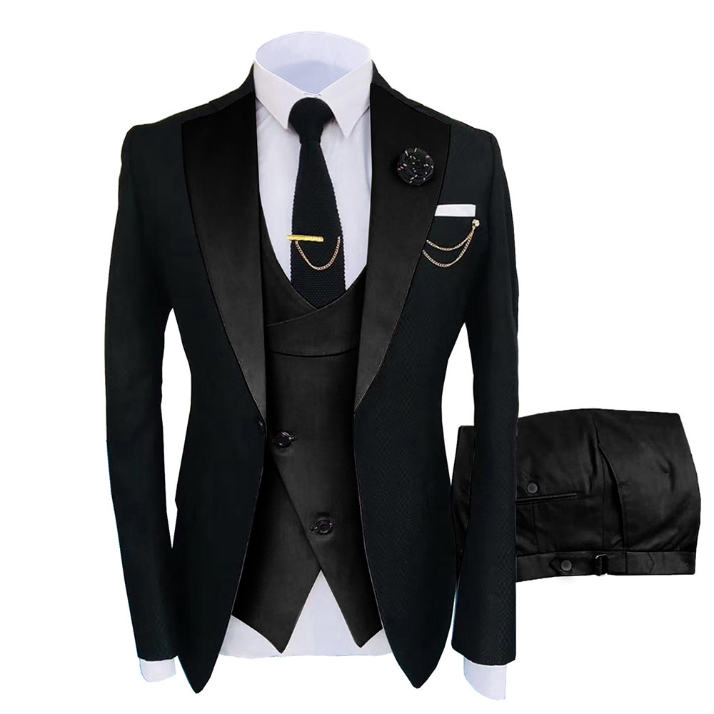 Men's 3 Piece Slim Fit Tuxedo Set, One Button Shawl Collar Solid Jacket Vest Pants with Bow Tie
