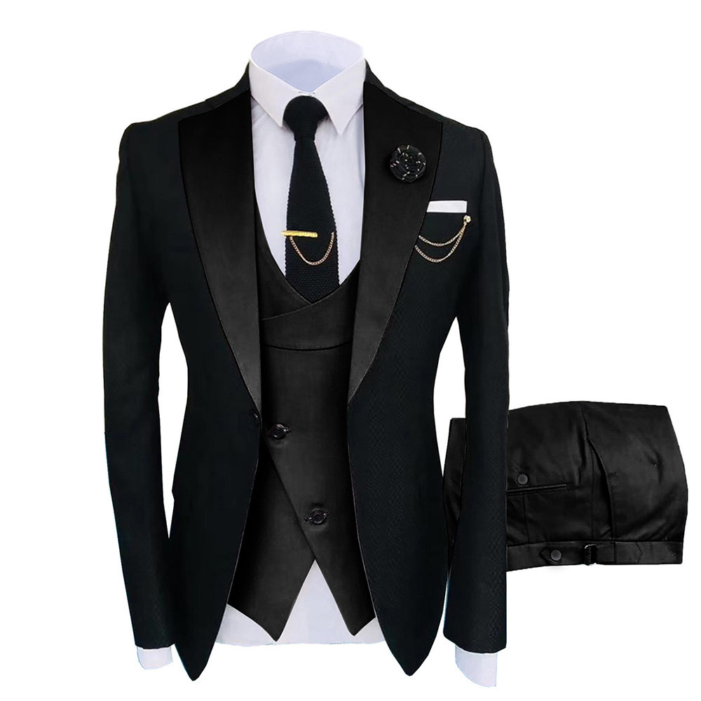 Men's 3 Piece Slim Fit Tuxedo Set, One Button Shawl Collar Solid Jacket Vest Pants with Bow Tie