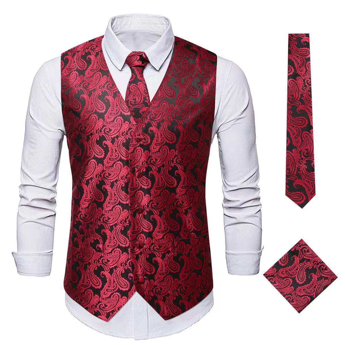 Men's Vest Tie Set Paisley Floral Jacquard Necktie Pocket Square 3PCS Waistcoat for Suit or Tuxedo Wedding Party