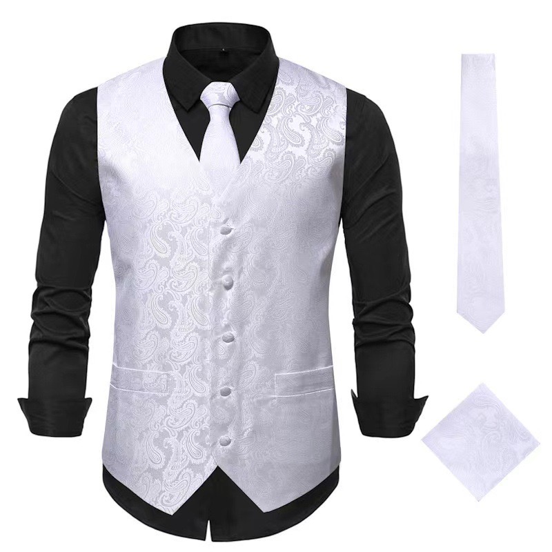 Men's Vest Tie Set Paisley Floral Jacquard Necktie Pocket Square 3PCS Waistcoat for Suit or Tuxedo Wedding Party