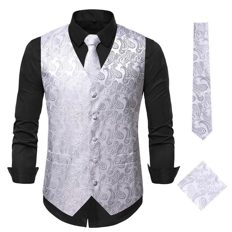 Men's Vest Tie Set Paisley Floral Jacquard Necktie Pocket Square 3PCS Waistcoat for Suit or Tuxedo Wedding Party