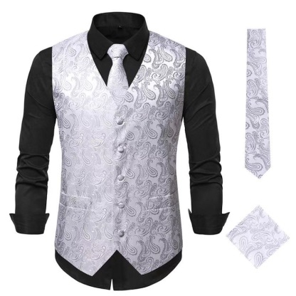 Men's Vest Tie Set Paisley Floral Jacquard Necktie Pocket Square 3PCS Waistcoat for Suit or Tuxedo Wedding Party