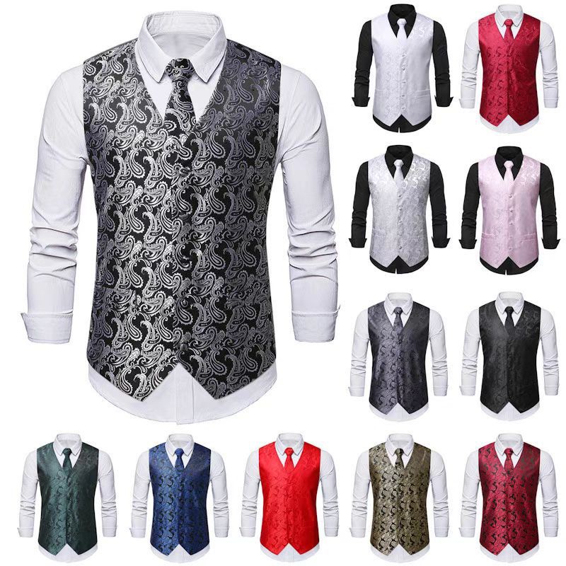 Men's Vest Tie Set Paisley Floral Jacquard Necktie Pocket Square 3PCS Waistcoat for Suit or Tuxedo Wedding Party