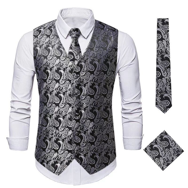 Men's Vest Tie Set Paisley Floral Jacquard Necktie Pocket Square 3PCS Waistcoat for Suit or Tuxedo Wedding Party
