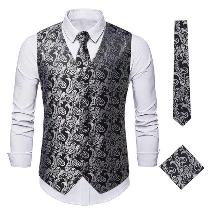 Men's Vest Tie Set Paisley Floral Jacquard Necktie Pocket Square 3PCS Waistcoat for Suit or Tuxedo Wedding Party