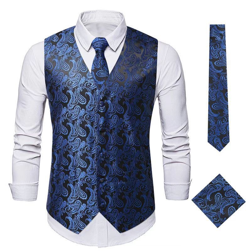 Men's Vest Tie Set Paisley Floral Jacquard Necktie Pocket Square 3PCS Waistcoat for Suit or Tuxedo Wedding Party