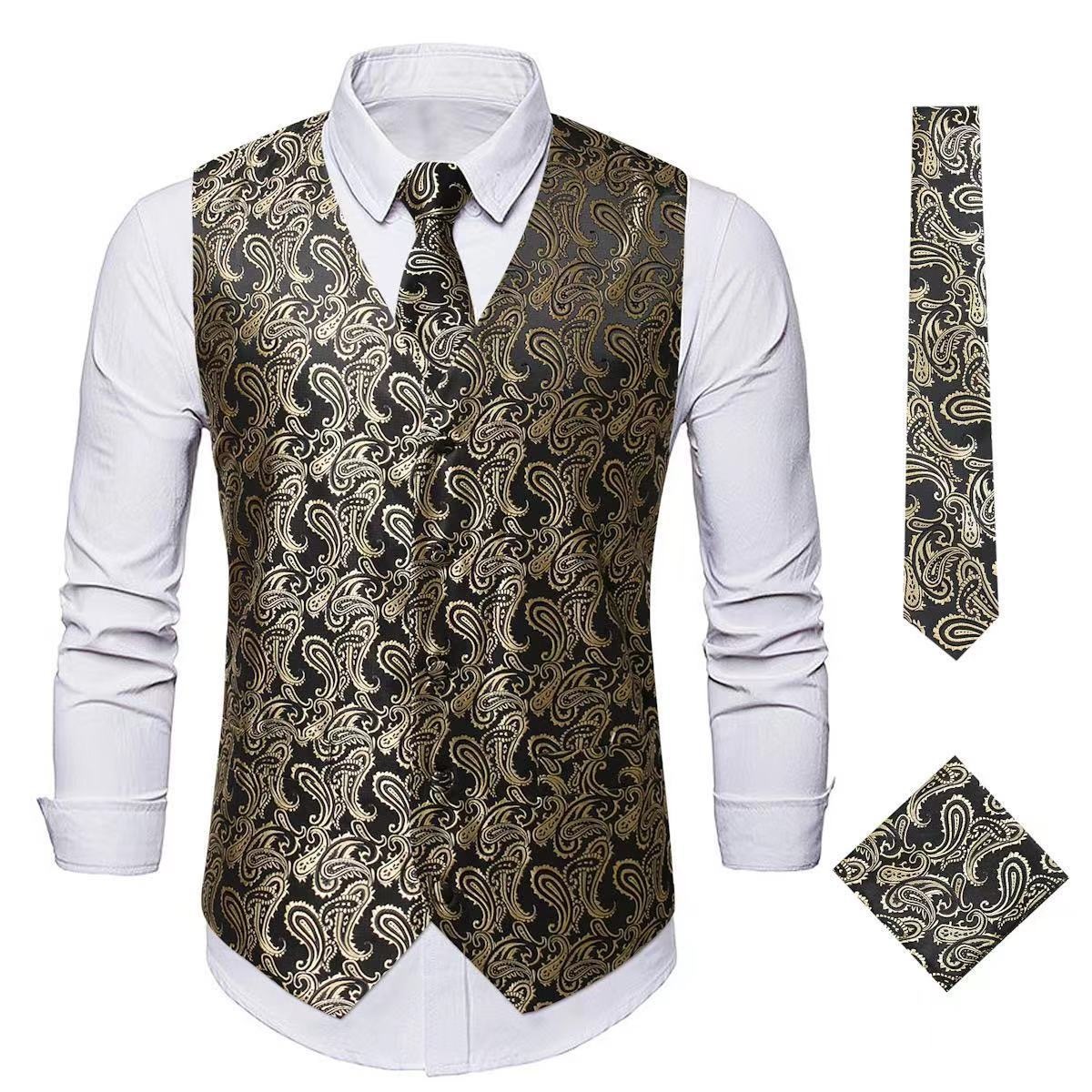 Men's Vest Tie Set Paisley Floral Jacquard Necktie Pocket Square 3PCS Waistcoat for Suit or Tuxedo Wedding Party