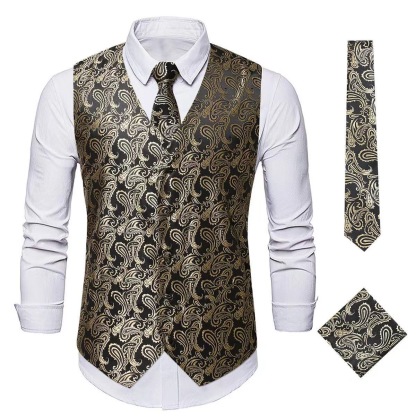 Men's Vest Tie Set Paisley Floral Jacquard Necktie Pocket Square 3PCS Waistcoat for Suit or Tuxedo Wedding Party