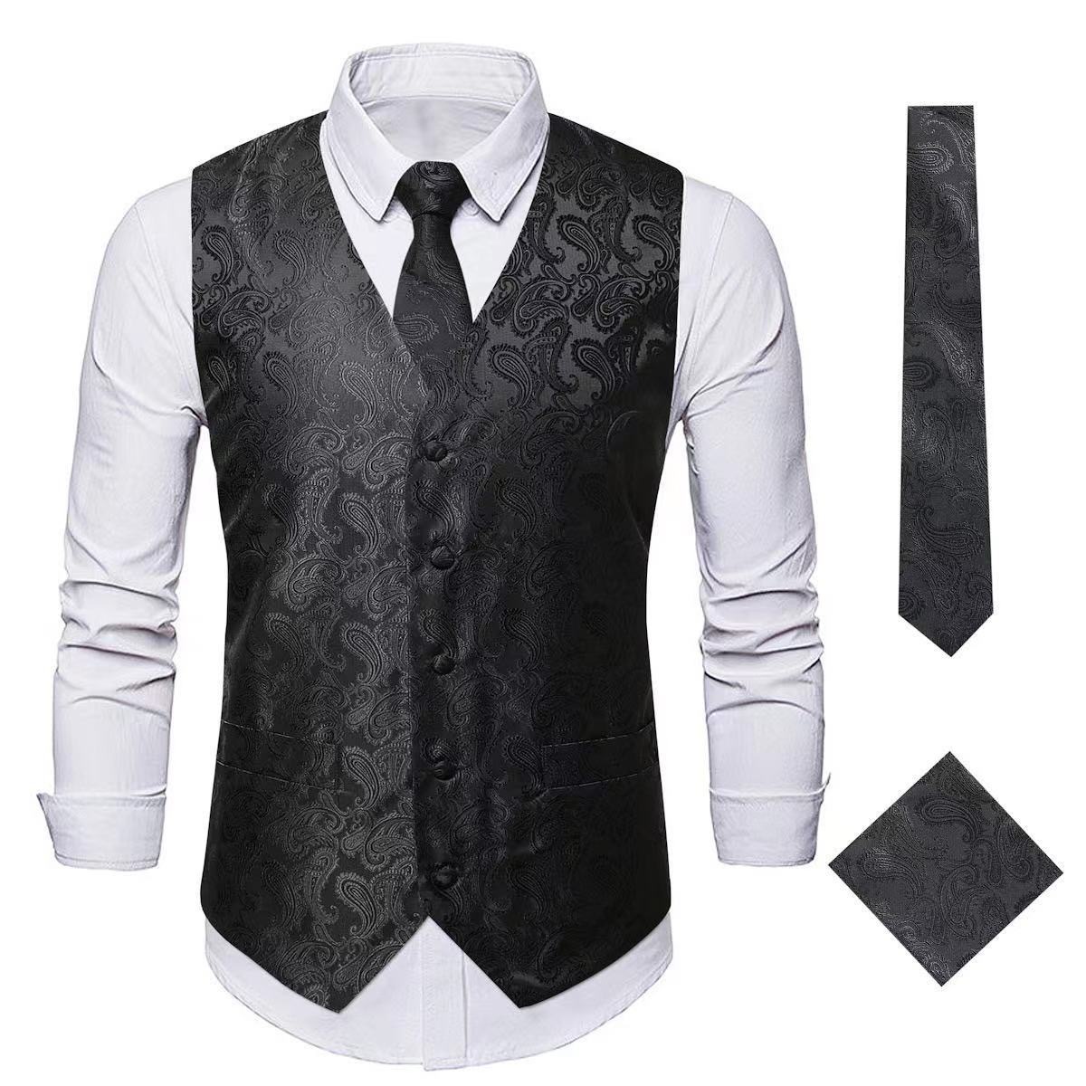 Men's Vest Tie Set Paisley Floral Jacquard Necktie Pocket Square 3PCS Waistcoat for Suit or Tuxedo Wedding Party