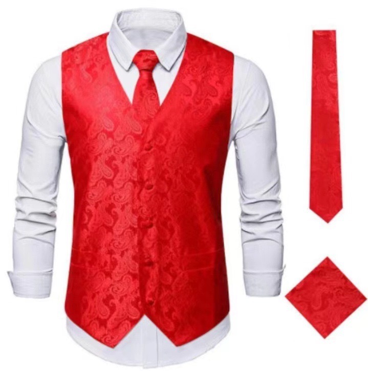 Men's Vest Tie Set Paisley Floral Jacquard Necktie Pocket Square 3PCS Waistcoat for Suit or Tuxedo Wedding Party
