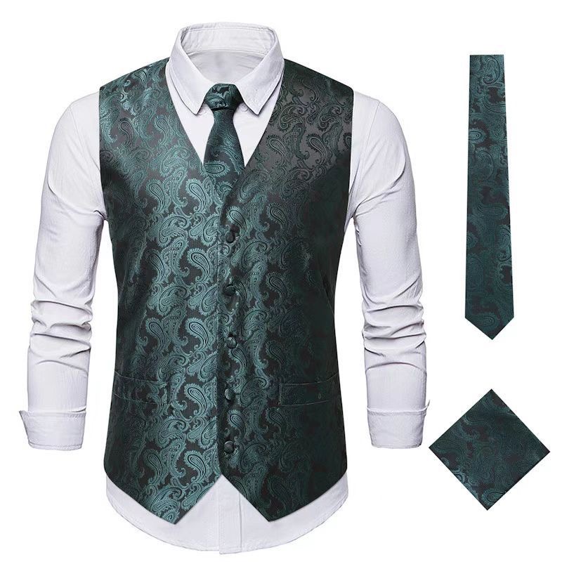 Men's Vest Tie Set Paisley Floral Jacquard Necktie Pocket Square 3PCS Waistcoat for Suit or Tuxedo Wedding Party