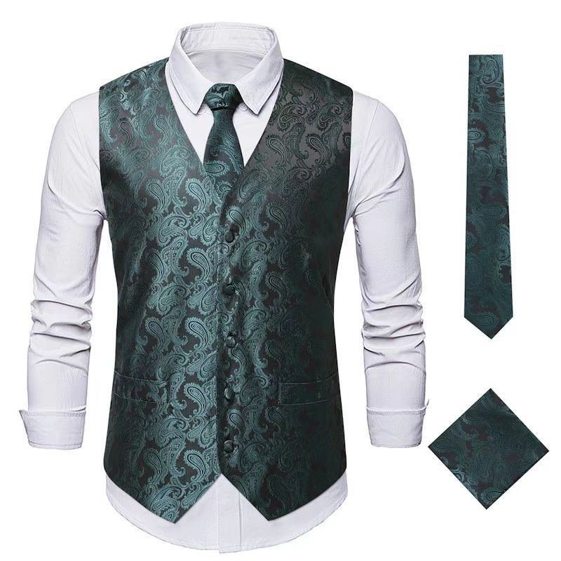 Men's Vest Tie Set Paisley Floral Jacquard Necktie Pocket Square 3PCS Waistcoat for Suit or Tuxedo Wedding Party