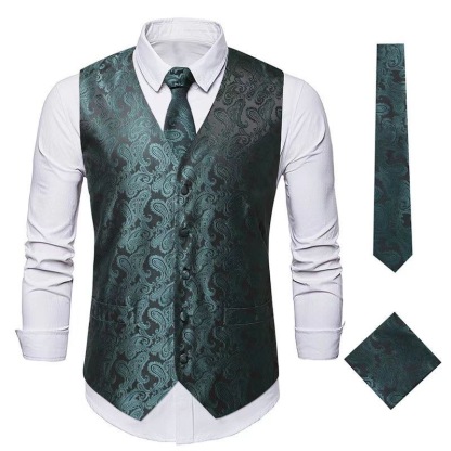 Men's Vest Tie Set Paisley Floral Jacquard Necktie Pocket Square 3PCS Waistcoat for Suit or Tuxedo Wedding Party