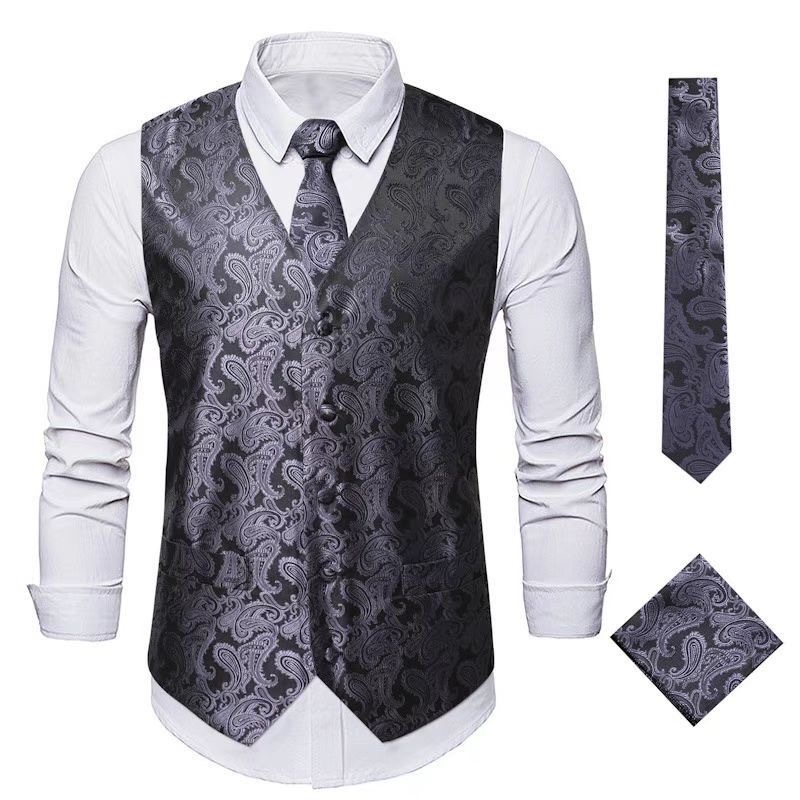 Men's Vest Tie Set Paisley Floral Jacquard Necktie Pocket Square 3PCS Waistcoat for Suit or Tuxedo Wedding Party