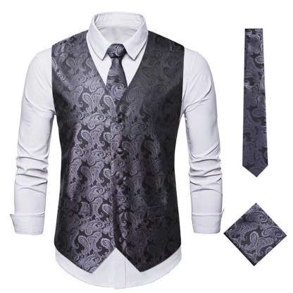Men's Vest Tie Set Paisley Floral Jacquard Necktie Pocket Square 3PCS Waistcoat for Suit or Tuxedo Wedding Party