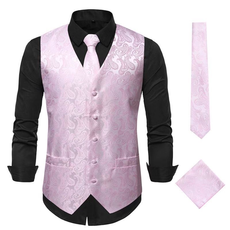 Men's Vest Tie Set Paisley Floral Jacquard Necktie Pocket Square 3PCS Waistcoat for Suit or Tuxedo Wedding Party