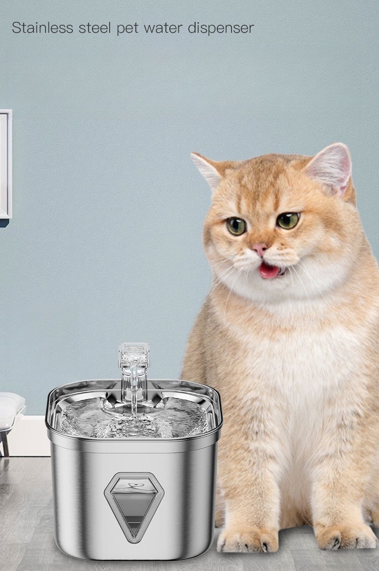 Square Stainless Steel Pet Fountain - 2.5L Silent Water Flow, Leakproof Design & Visible Water Level (Vet-Approved 304 Steel)