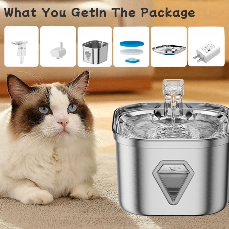 Square Stainless Steel Pet Fountain - 2.5L Silent Water Flow, Leakproof Design & Visible Water Level (Vet-Approved 304 Steel)