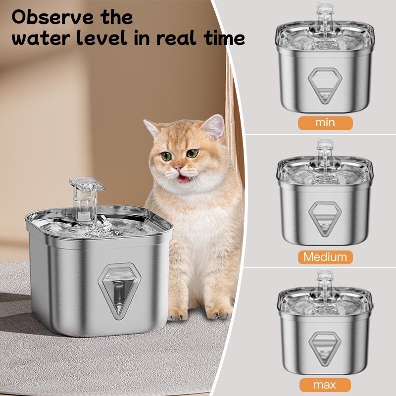 Square Stainless Steel Pet Fountain - 2.5L Silent Water Flow, Leakproof Design & Visible Water Level (Vet-Approved 304 Steel)