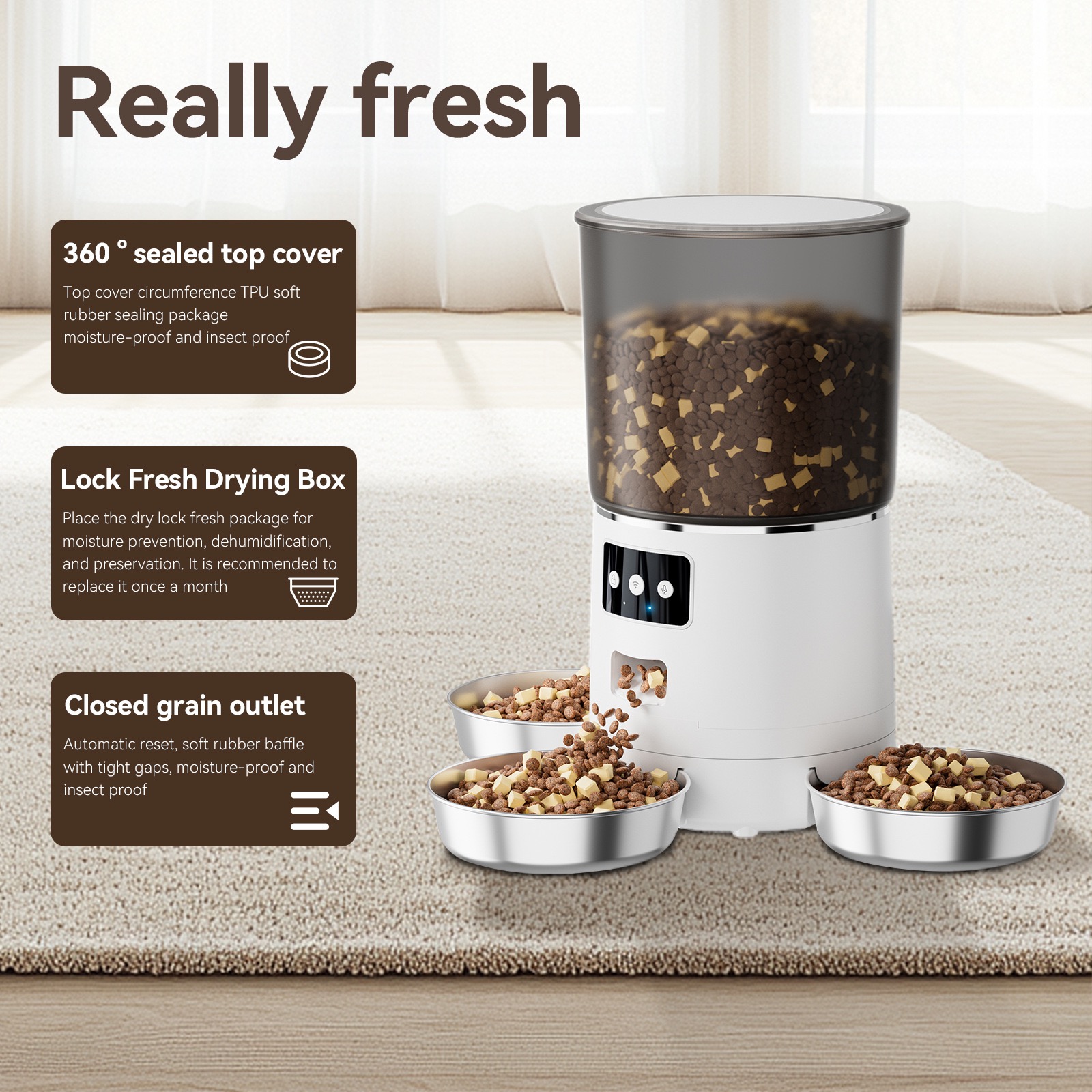 Smart Rotating Pet Feeder with 3 Separate Bowls – 6L WiFi-Enabled, Remote APP Feeding, Fresh & Dry Food Storage, Voice Recording, Ideal for Multi-Cat/Dog Homes | CE & FCC Certified