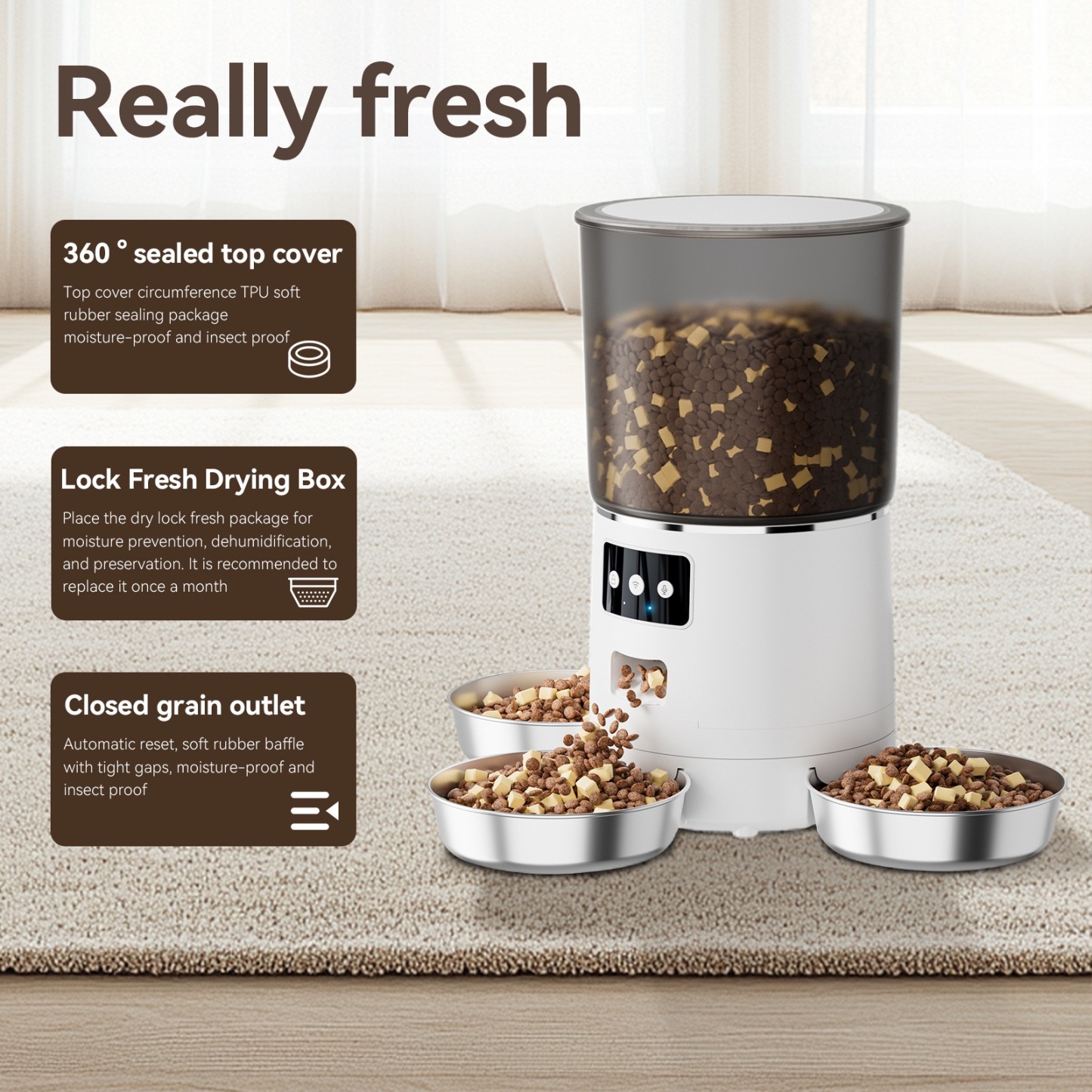 Smart Rotating Pet Feeder with 3 Separate Bowls – 6L WiFi-Enabled, Remote APP Feeding, Fresh & Dry Food Storage, Voice Recording, Ideal for Multi-Cat/Dog Homes | CE & FCC Certified