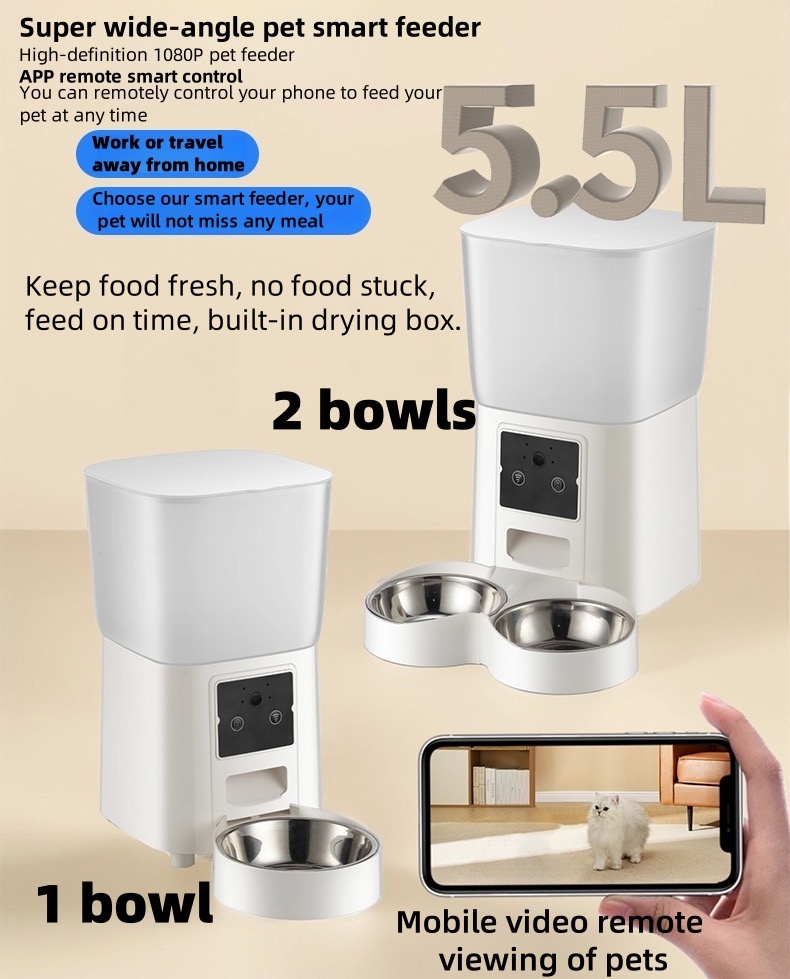 Advanced 5.5L Smart Pet Feeder – Real-Time HD Video, AI Voice Interaction, Scheduled Feeding, Battery & Plug Backup – Fresh & Dry Food Storage – EU/UK Certified