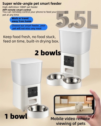 Advanced 5.5L Smart Pet Feeder – Real-Time HD Video, AI Voice Interaction, Scheduled Feeding, Battery & Plug Backup – Fresh & Dry Food Storage – EU/UK Certified