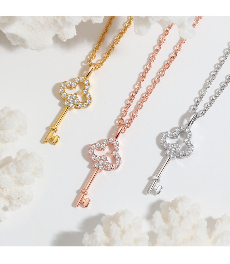 Women Necklace 925 Sterling Silver Heart Key Pendant Necklace with Cubic Zirconia Jewelry