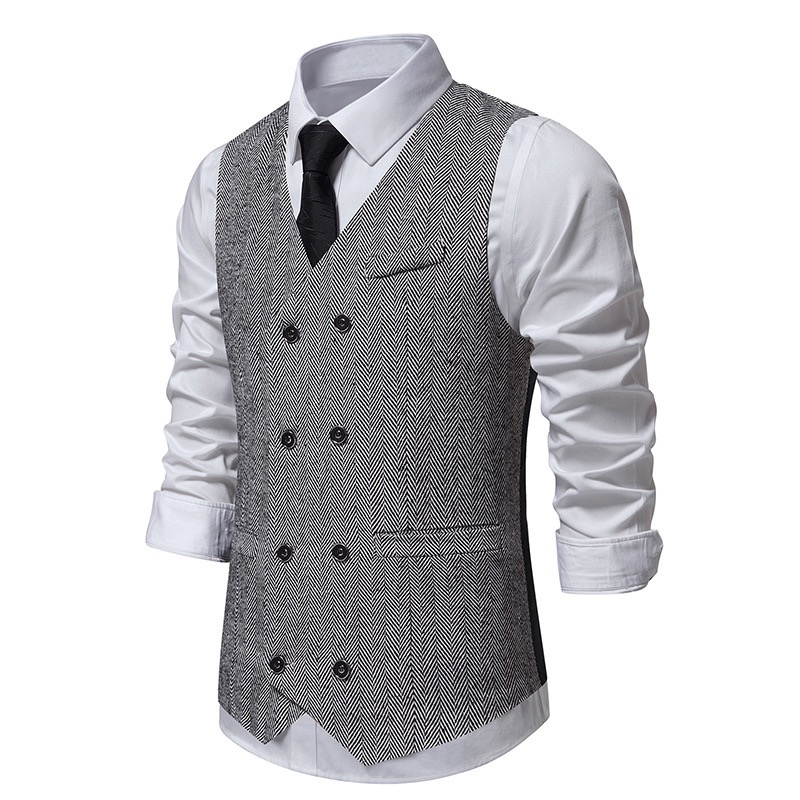 Men's Herringbone Tweed Suit Vest Casual Wool Blend Waistcoat