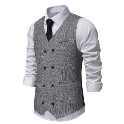 Men's Herringbone Tweed Suit Vest Casual Wool Blend Waistcoat
