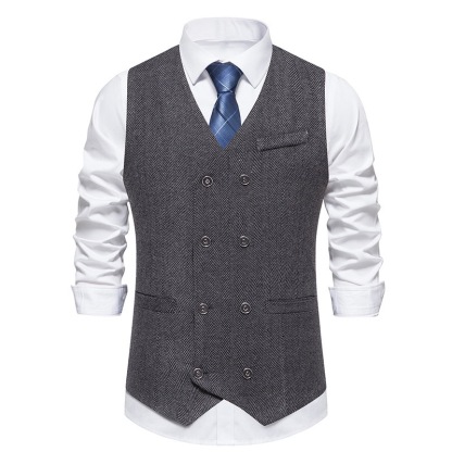 Men's Herringbone Tweed Suit Vest Casual Wool Blend Waistcoat