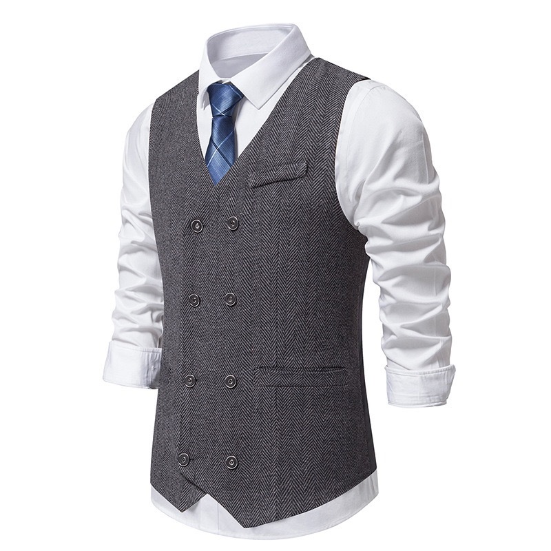Men's Herringbone Tweed Suit Vest Casual Wool Blend Waistcoat