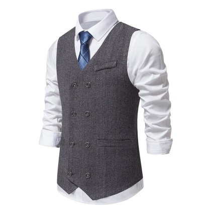 Men's Herringbone Tweed Suit Vest Casual Wool Blend Waistcoat
