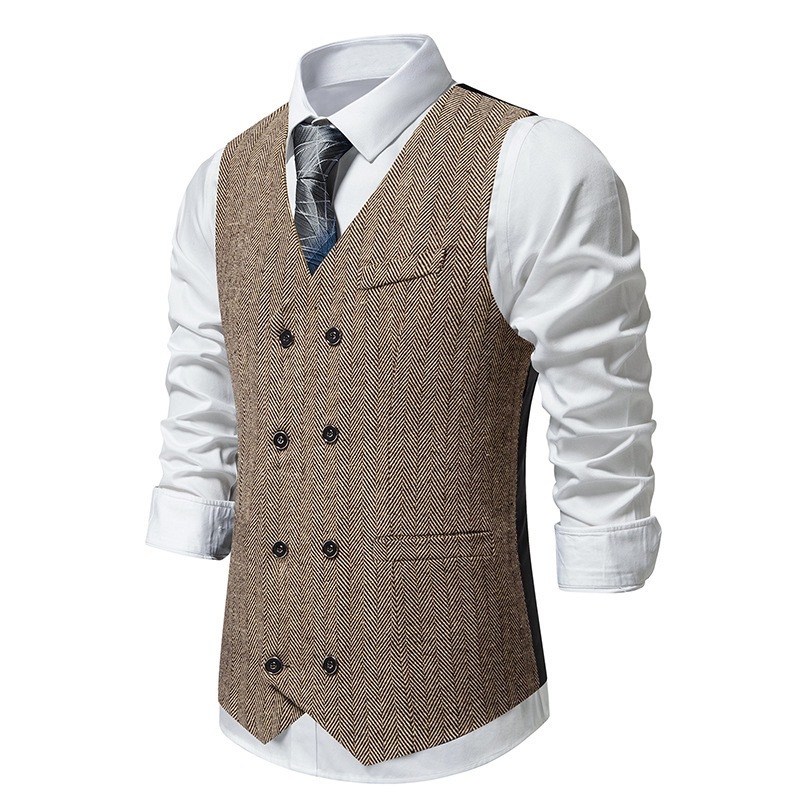Men's Herringbone Tweed Suit Vest Casual Wool Blend Waistcoat