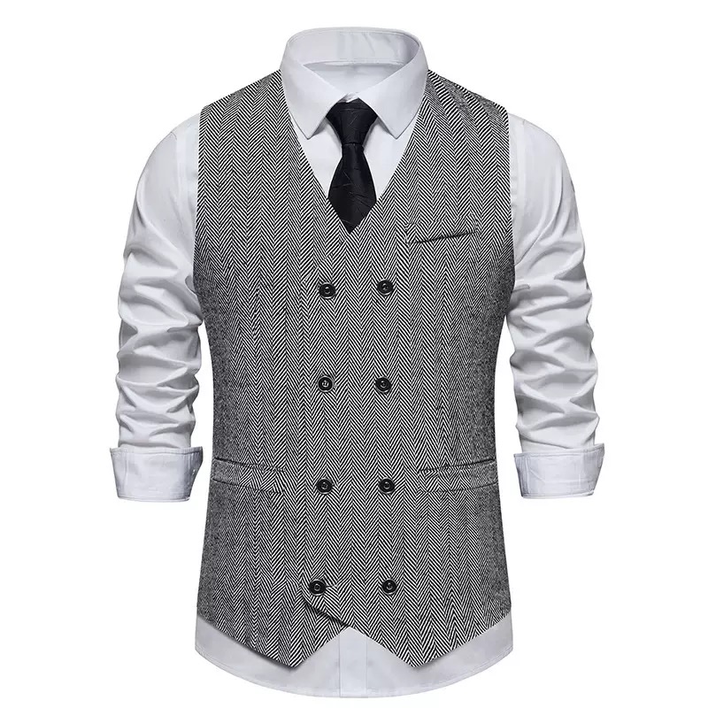 Men's Herringbone Tweed Suit Vest Casual Wool Blend Waistcoat