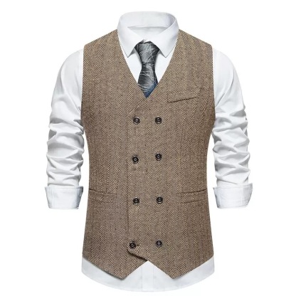 Men's Herringbone Tweed Suit Vest Casual Wool Blend Waistcoat