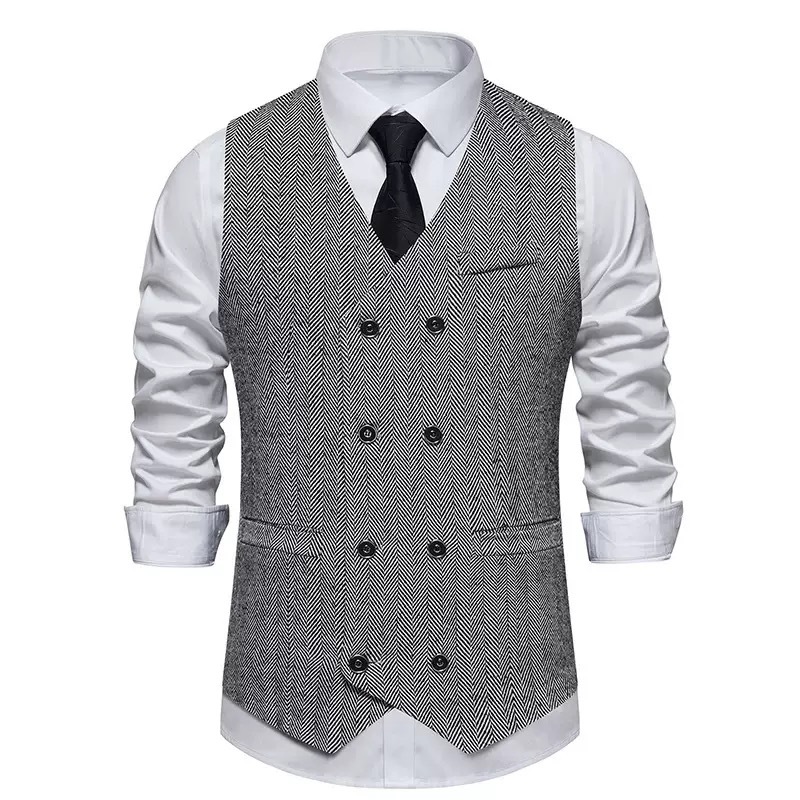 Men's Herringbone Tweed Suit Vest Casual Wool Blend Waistcoat