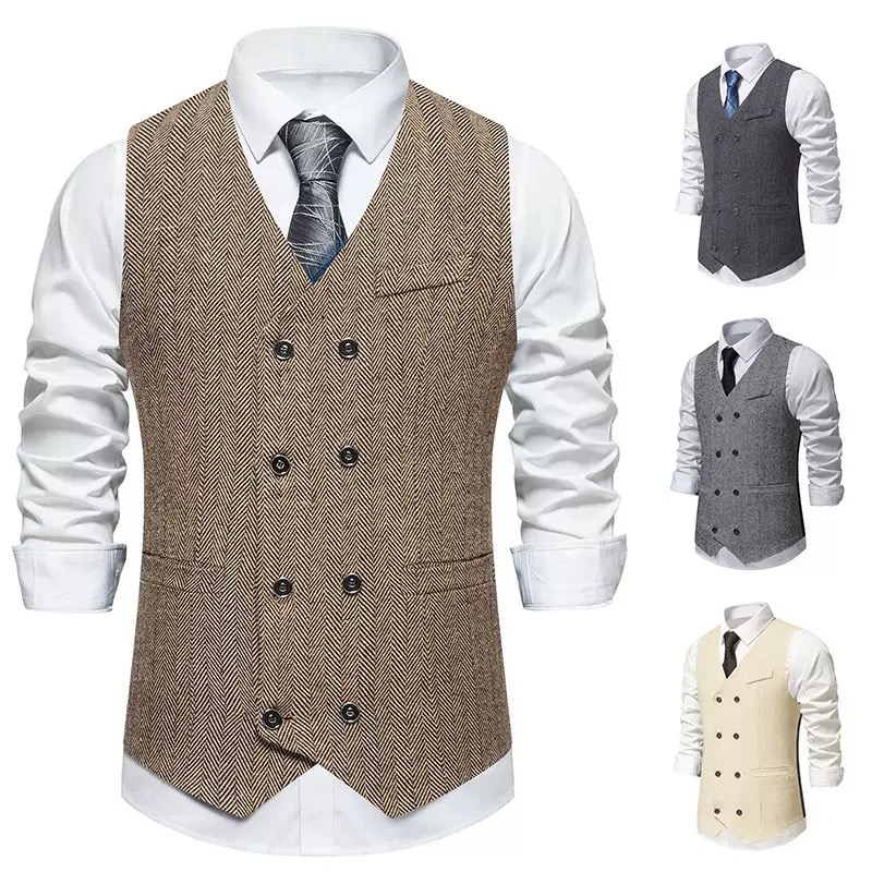 Men's Herringbone Tweed Suit Vest Casual Wool Blend Waistcoat
