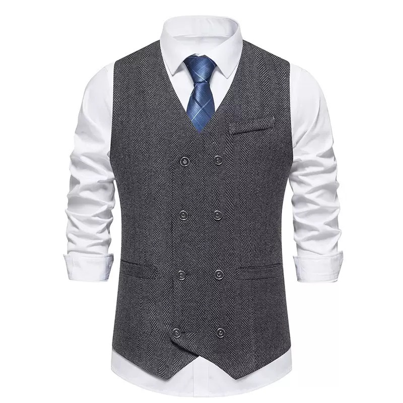 Men's Herringbone Tweed Suit Vest Casual Wool Blend Waistcoat