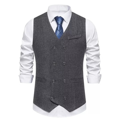 Men's Herringbone Tweed Suit Vest Casual Wool Blend Waistcoat