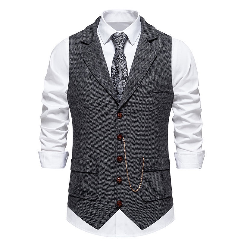 Men's Herringbone Tweed Suit Vest Casual Wool Blend Waistcoat
