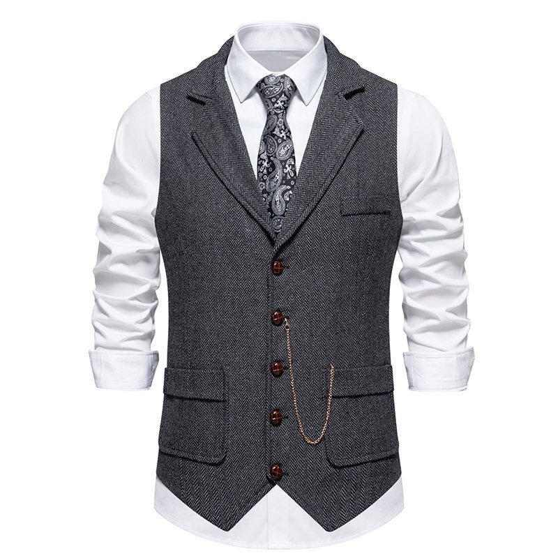 Men's Herringbone Tweed Suit Vest Casual Wool Blend Waistcoat