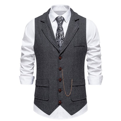Men's Herringbone Tweed Suit Vest Casual Wool Blend Waistcoat