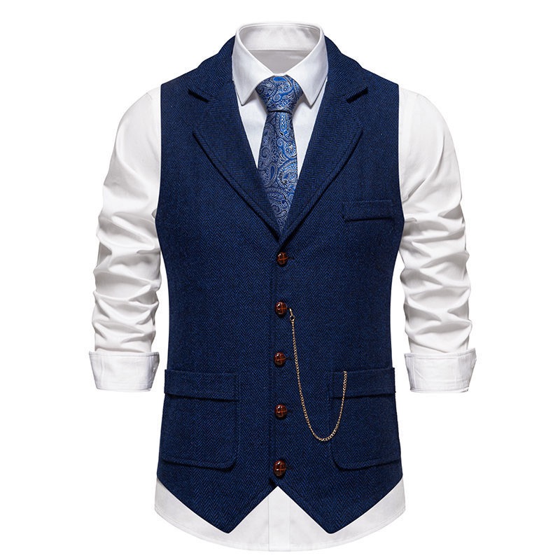 Men's Herringbone Tweed Suit Vest Casual Wool Blend Waistcoat