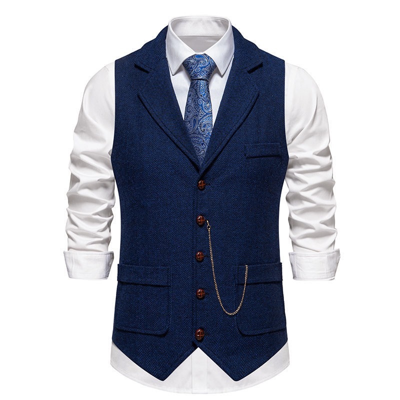 Men's Herringbone Tweed Suit Vest Casual Wool Blend Waistcoat