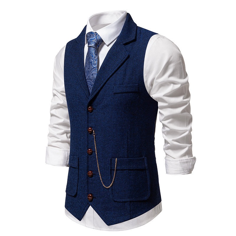 Men's Herringbone Tweed Suit Vest Casual Wool Blend Waistcoat