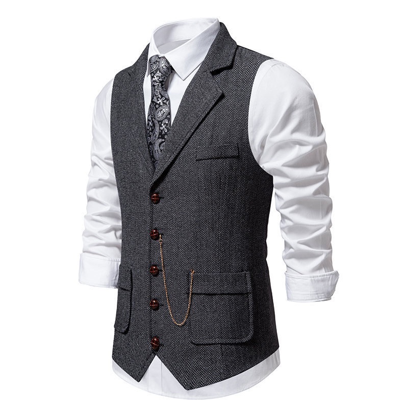 Men's Herringbone Tweed Suit Vest Casual Wool Blend Waistcoat