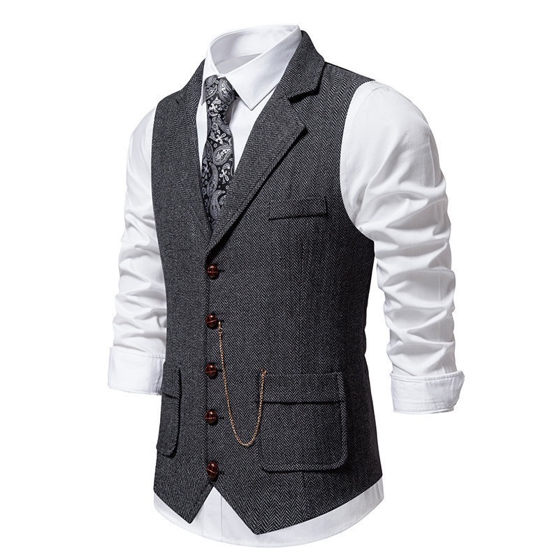 Men's Herringbone Tweed Suit Vest Casual Wool Blend Waistcoat