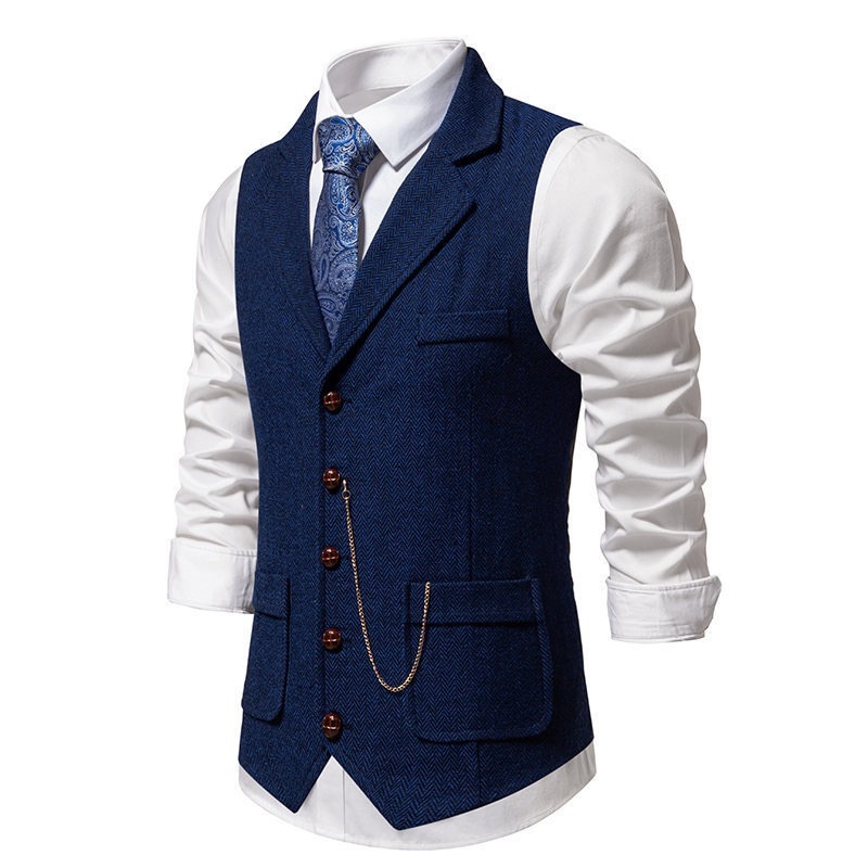 Men's Herringbone Tweed Suit Vest Casual Wool Blend Waistcoat