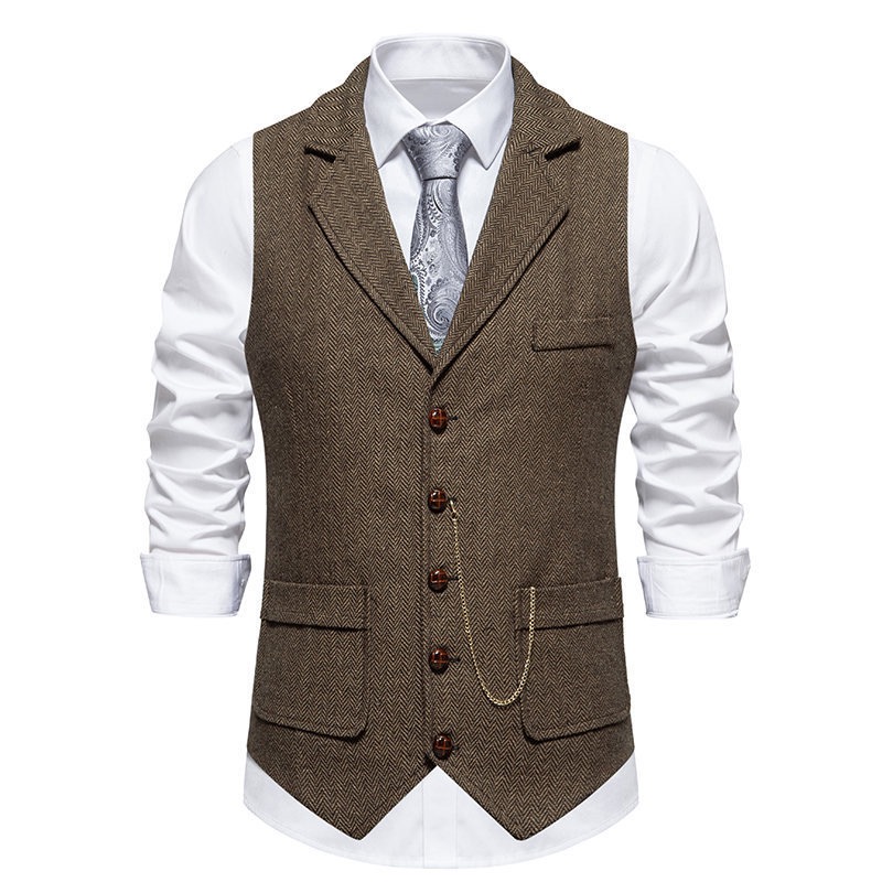 Men's Herringbone Tweed Suit Vest Casual Wool Blend Waistcoat